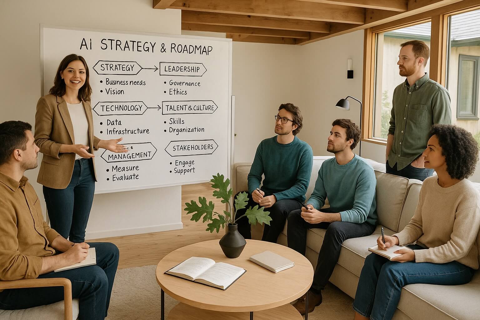 A woman leading an AI strategy workshop with 4 men and 1 woman participating